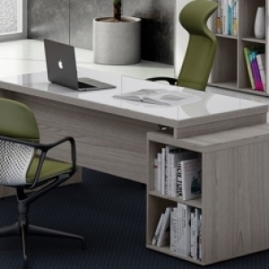 ME - 09 Mesa Para Escritorio Com Gaveteiro Pedestal Tampo De Vidro Prima Impact 40 M.M Varias Cores